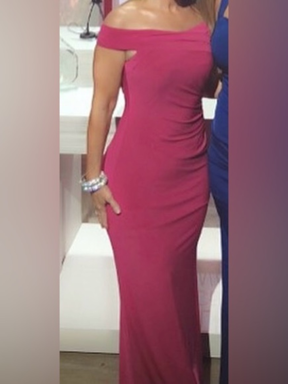 Adrianna Papell Magenta Pink Off Shoulder Draped Ruched Jersey Gown Sz 2